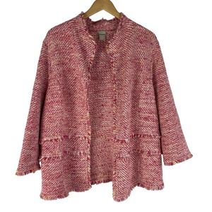 Chico's Vintage Boho Pink Tweed Fringed Raw Hem Tiered Blazer Jacket Size 3 XL